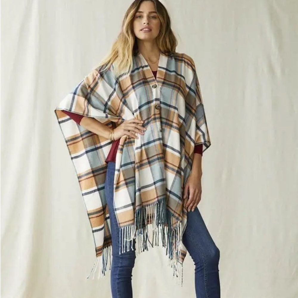 Matilda Jane Plaid Cream And Blue Button Down Paige Ruana Shawl Poncho